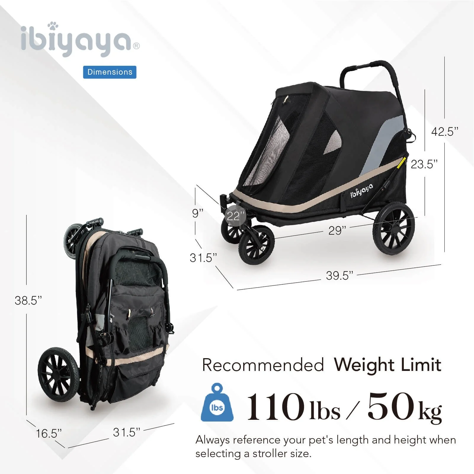 Ibiyaya Grand Cruiser Large Dog Stroller, 4-Wheel Foldable Big Dog Pram for Large Breeds, Senior & Injured Pets - PreOrder Only March 27 Shipping - Image 3