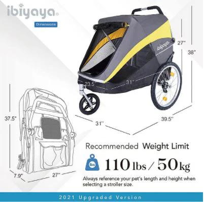 Ibiyaya Hercules Heavy-Duty Pro Pet Stroller-Bike Trailer, 3-Wheel Foldable Jogging, Hiking, All-Terrain Extra-Large Dog Stroller - PreOrder Only - Image 5