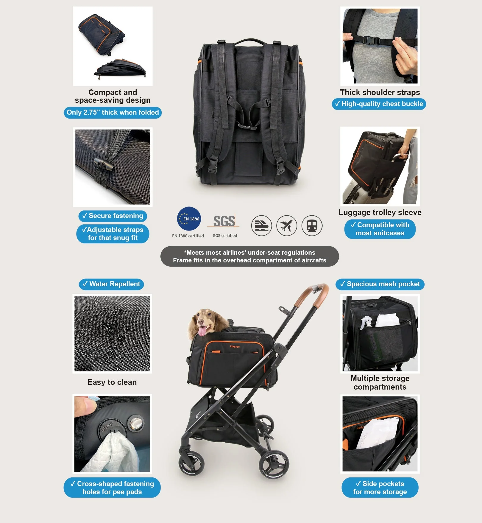 Ibiyaya JetPaw: 3-in-One Pet Stroller with Removable Airline-Approved Carrier Expandable Rolling Pet Carrier-Backpack for Dogs & Cats - Image 5