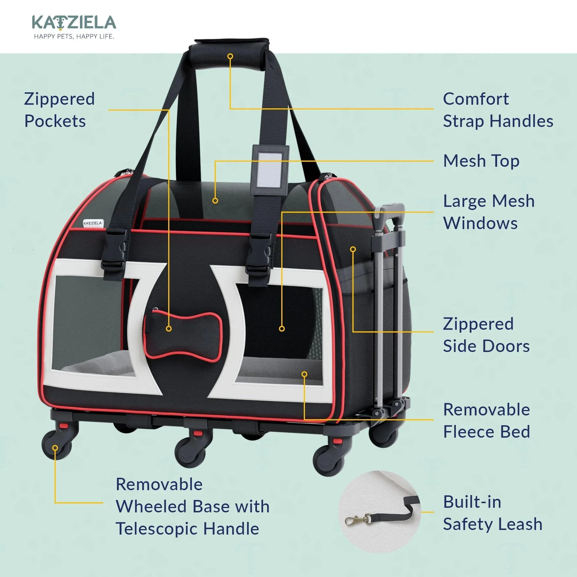 Katziela Bone Cruiser Pro Version Pet Carrier with Removable Wheels and Double Telescopic Handle - Image 7