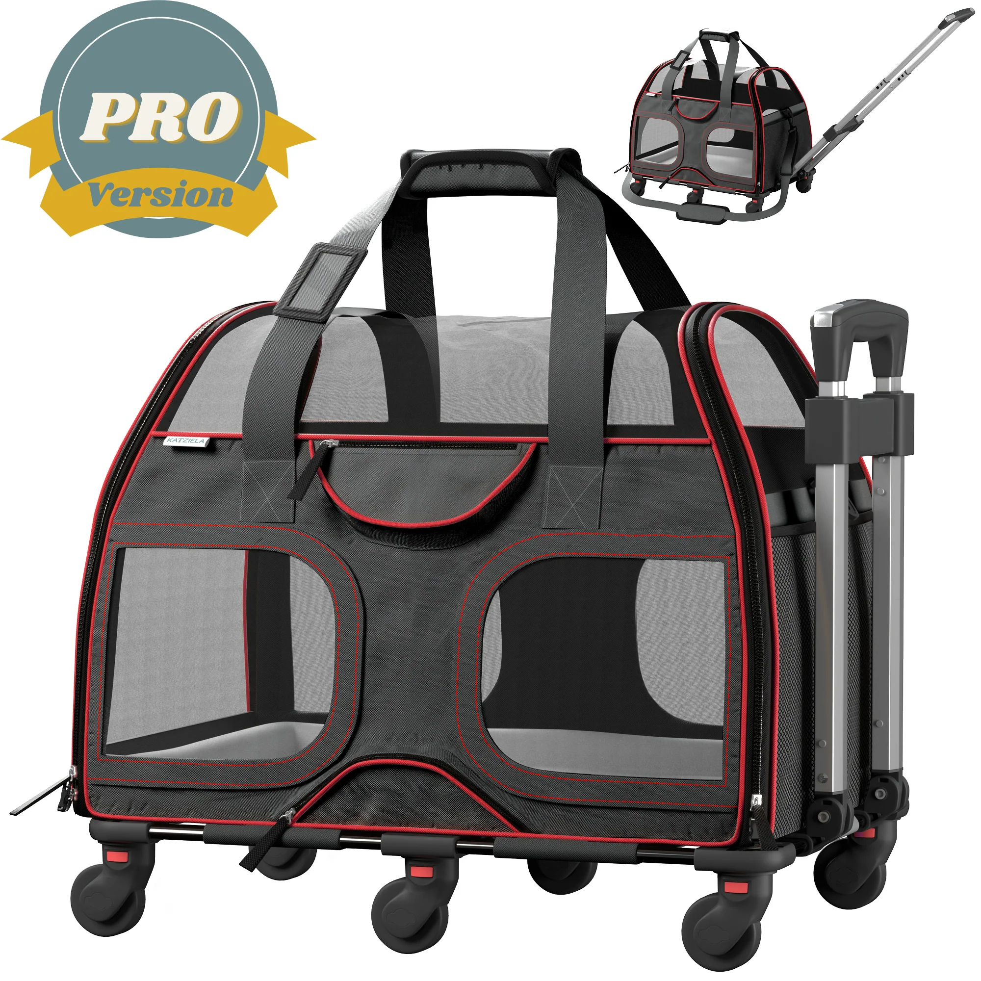 Katziela Luxury Rider Pro Pet Carrier with Removable Wheels and Telescopic Handle - Image 3